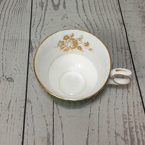 Crown Staffordshire Tea Cup And Saucer Green With Gold Roses E614 England - Picture 6 of 16